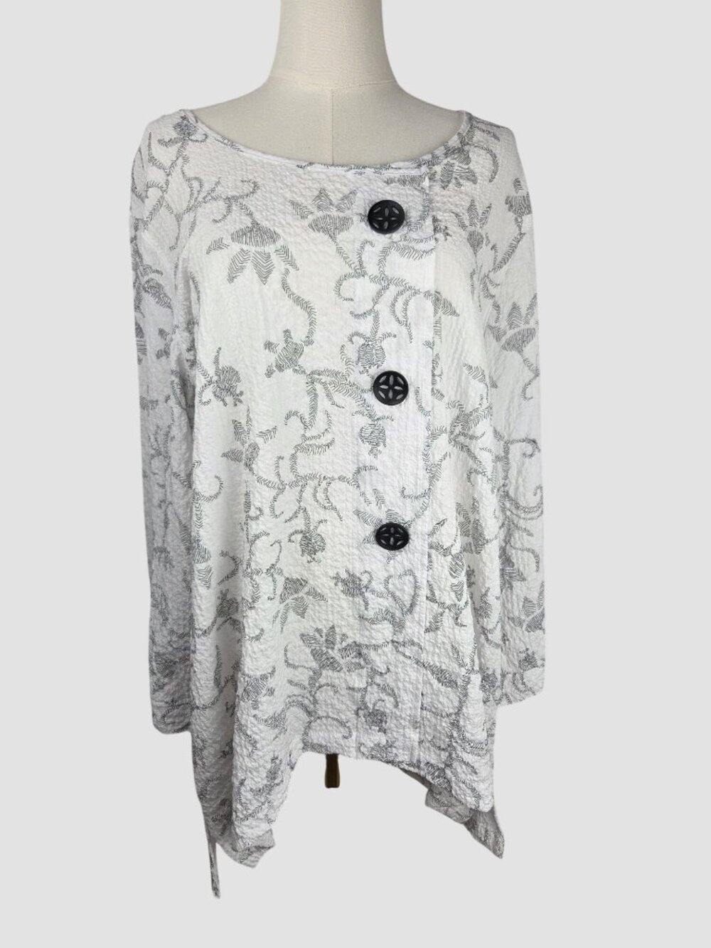 Ali Miles‎ White Black Floral Crinkle Tunic Top Large Lagenlook Artsy Boho